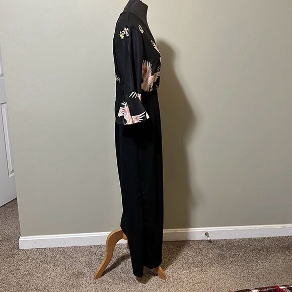 Vintage Women's Black Crane Print Bell Sleeve Jumpsuit - Picture 5 of 12